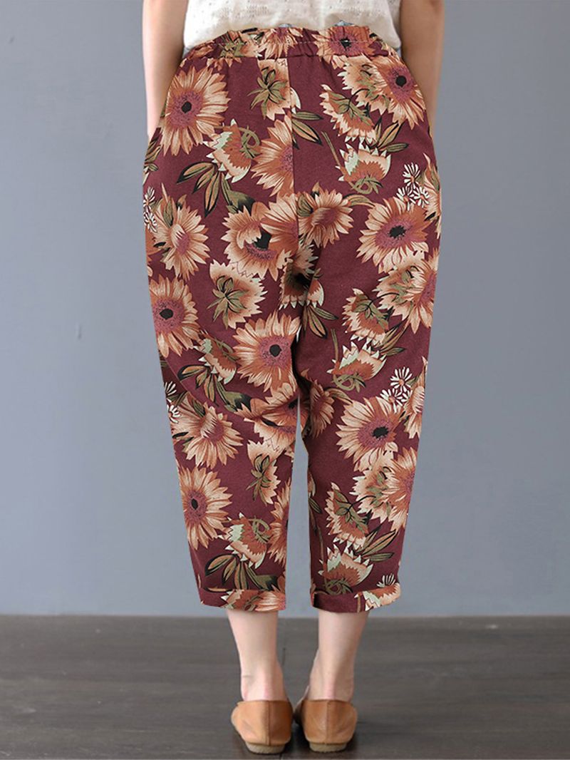 Dames Zonnebloem Bloemenprint Katoenen Casual Broek Met Zijzakken