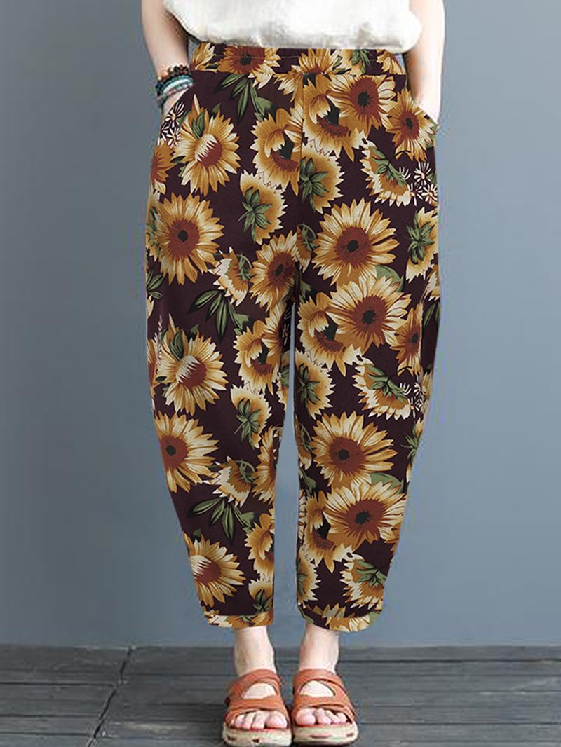 Dames Zonnebloem Bloemenprint Katoenen Casual Broek Met Zijzakken