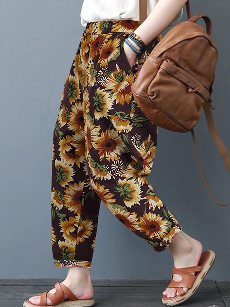 Dames Zonnebloem Bloemenprint Katoenen Casual Broek Met Zijzakken