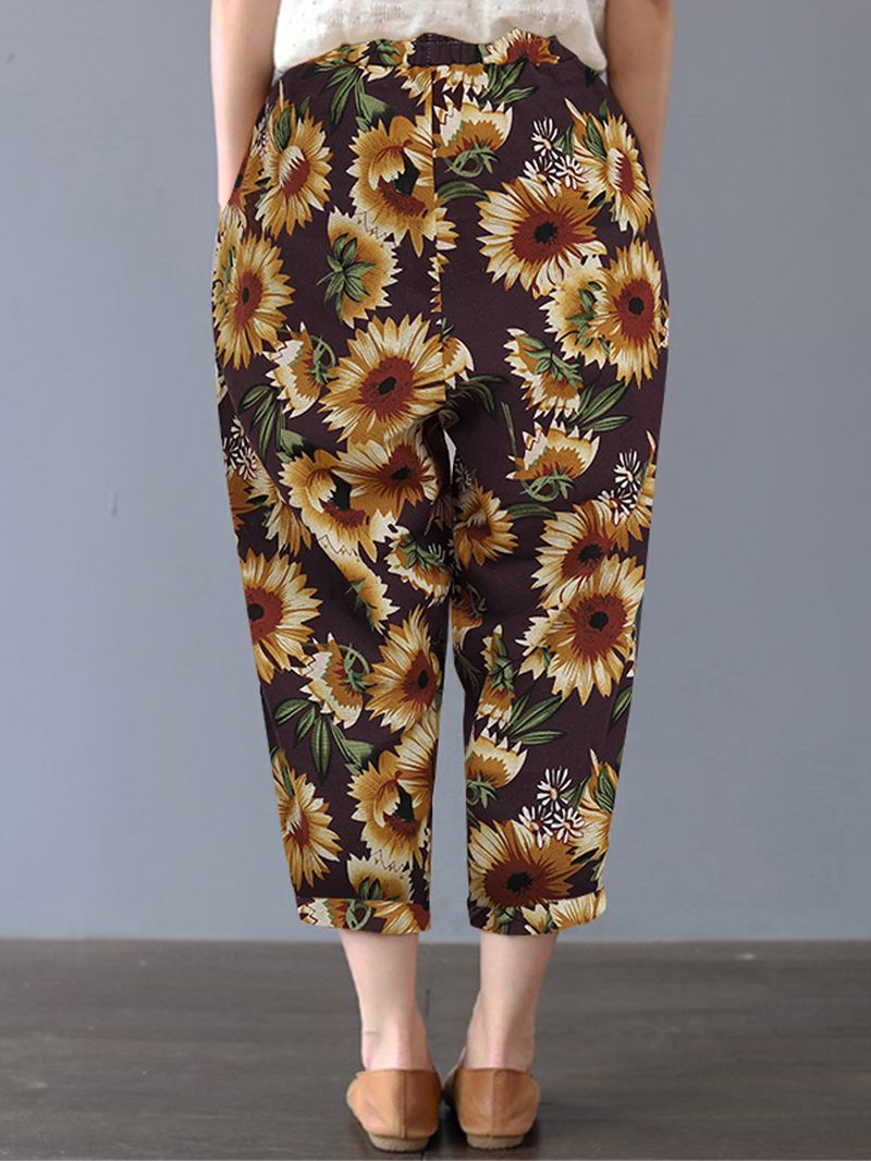 Dames Zonnebloem Bloemenprint Katoenen Casual Broek Met Zijzakken