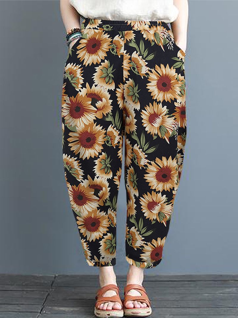 Dames Zonnebloem Bloemenprint Katoenen Casual Broek Met Zijzakken