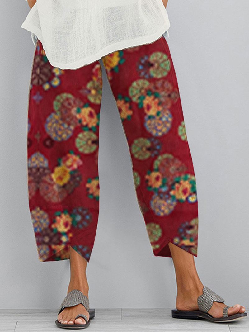 Etnische Bloemenprint Elastische Zijzak Onregelmatige Casual Broek Voor Dames