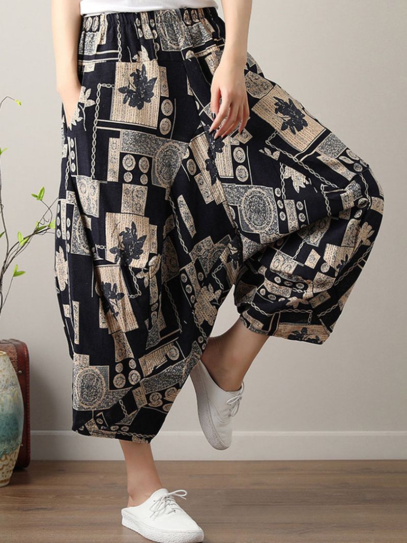 Etnische Print Zak Asymmetrische Elastische Taille Losse Casual Cropped Broek