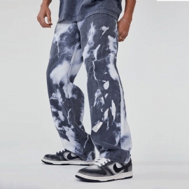 Europese En Amerikaanse Trend High Street Gewassen Tie-dye Bedrukte Denim Broek Voor Heren