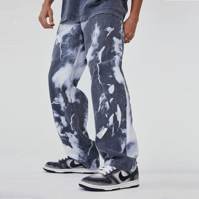 Europese En Amerikaanse Trend High Street Gewassen Tie-dye Bedrukte Denim Broek Voor Heren