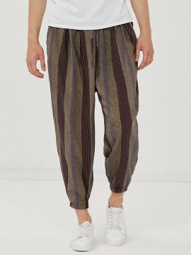 Heren 100% Katoen Gekleurde Streep Casual Broek Met Trekkoord Elastische Manchetten