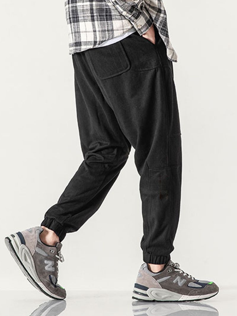 Heren 100% Katoenen Elastische Taille Koordzak Casual Zwarte Joggingbroek