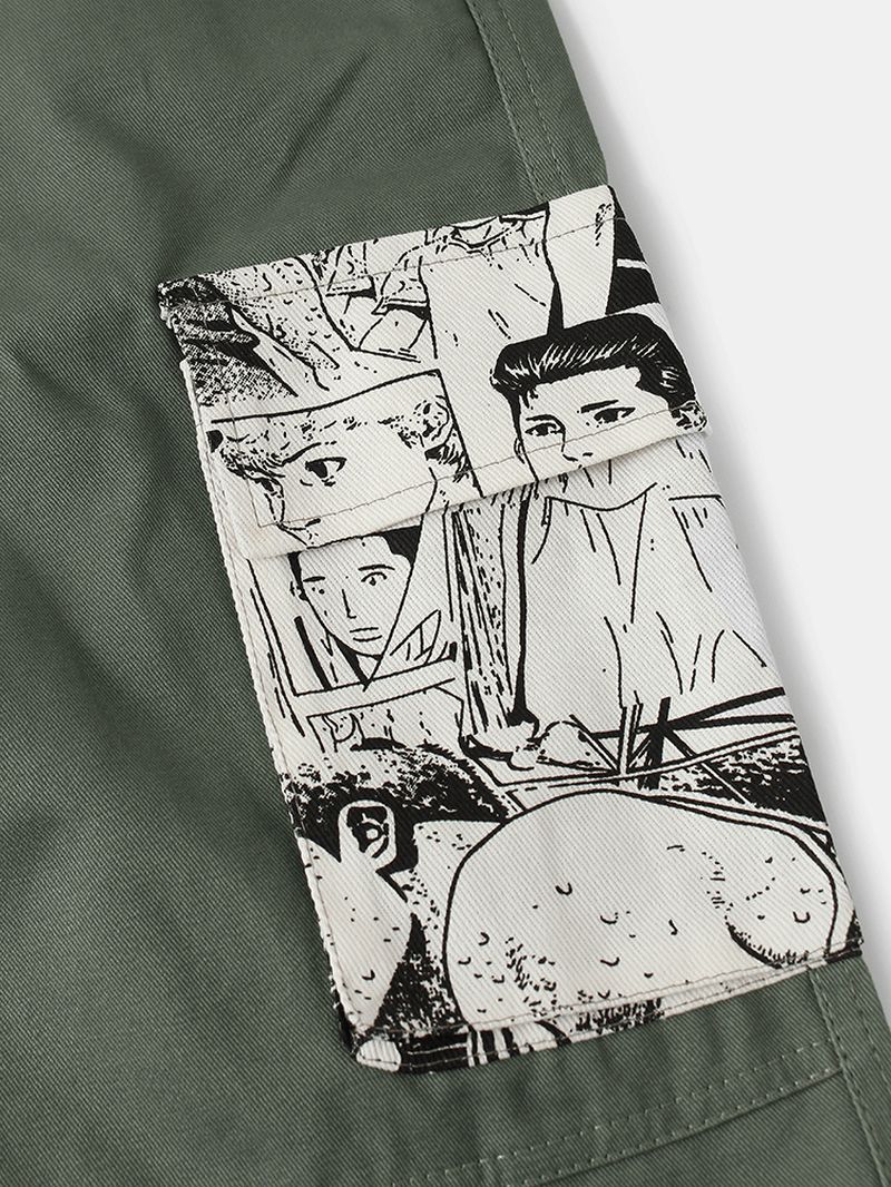 Heren Cartoon Anime Print Katoenen Trekkoord Beam Voeten Cargo Broek Met Zak