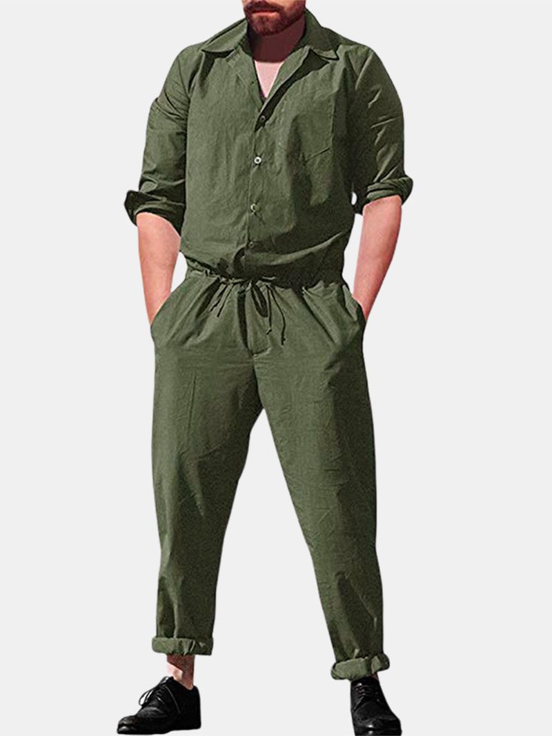 Heren Casual Romper Lange Mouw Jumpsuit Stand Kraag Militaire Overalls Cargo Broek