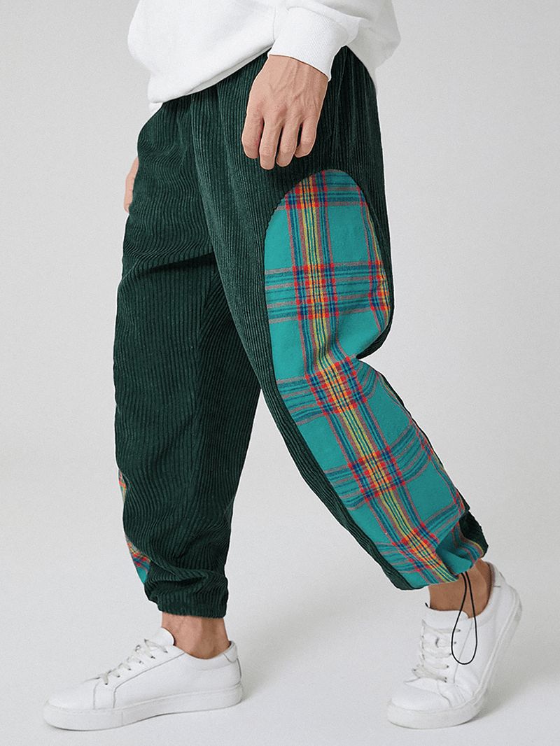 Heren Corduroy Plaid Patchwork Pocket Trekkoord Elastische Taille Jogger Broek