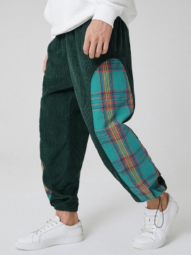 Heren Corduroy Plaid Patchwork Pocket Trekkoord Elastische Taille Jogger Broek