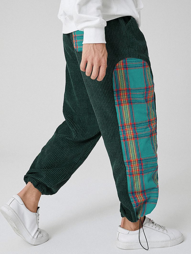 Heren Corduroy Plaid Patchwork Pocket Trekkoord Elastische Taille Jogger Broek