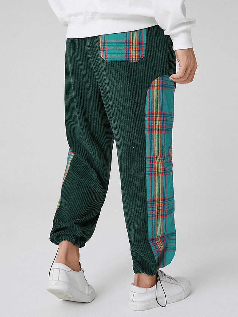 Heren Corduroy Plaid Patchwork Pocket Trekkoord Elastische Taille Jogger Broek