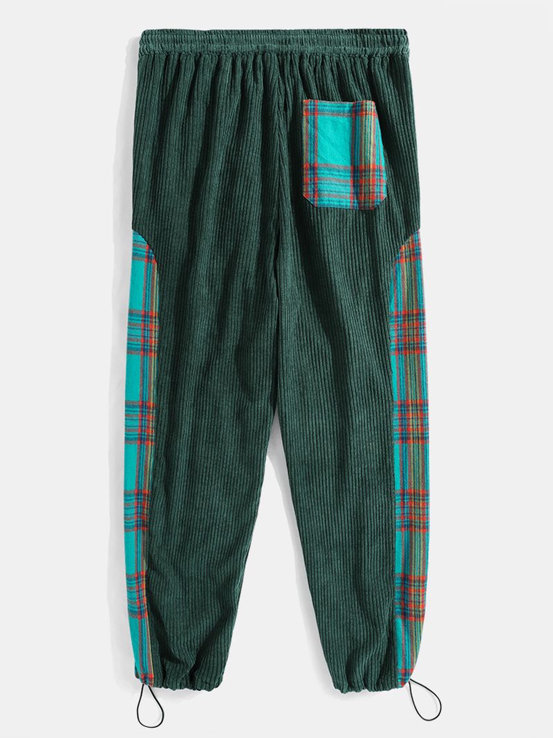 Heren Corduroy Plaid Patchwork Pocket Trekkoord Elastische Taille Jogger Broek