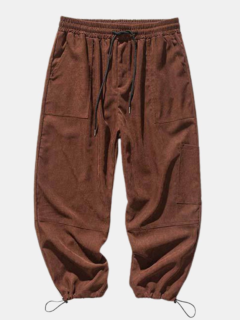 Heren Effen Kleur Multi Pocket Mid Taille Trekkoord Cargo Broek