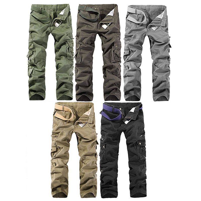 Heren Effen Kleur Multi-zakken 100% Katoen Casual Cargo Broek Outdoor Rechte Broek