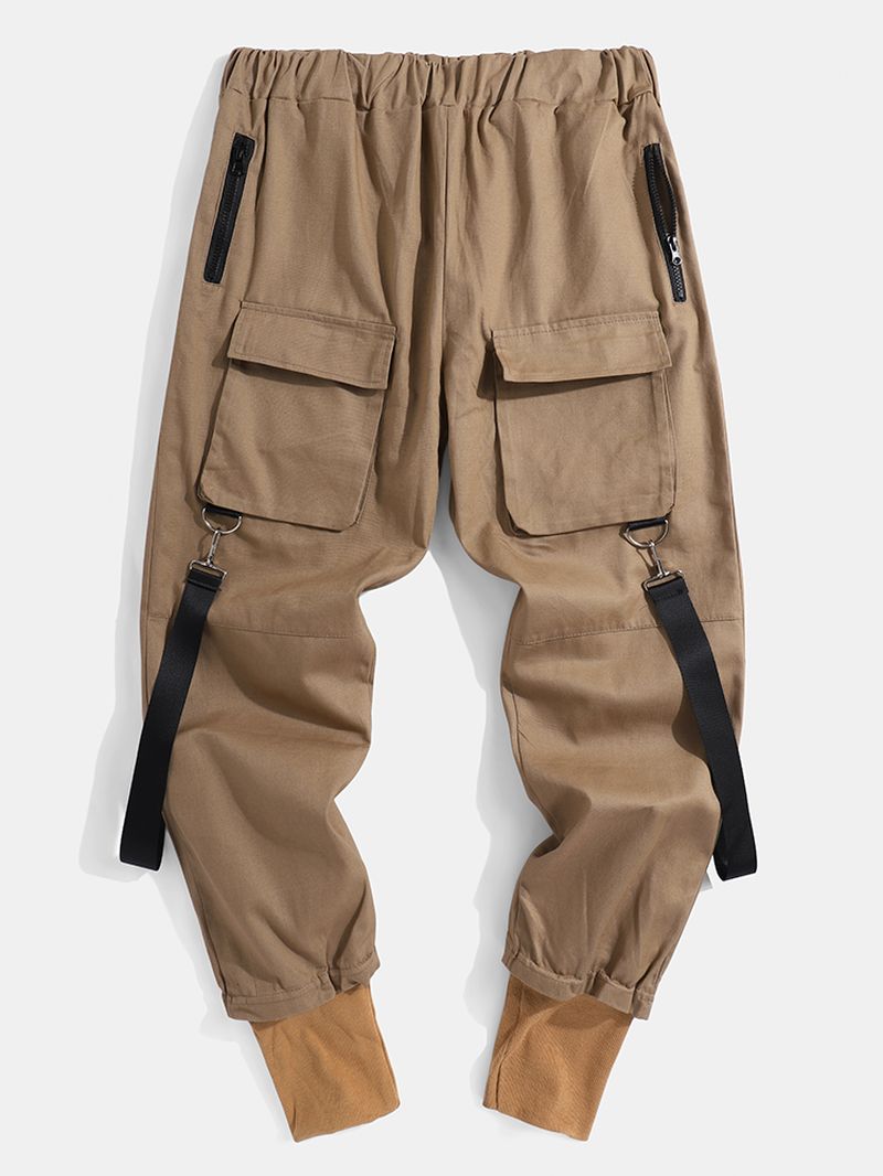 Heren Effen Multi Pocket Elastische Taille Cargo Beam Voeten Broek Met Lint