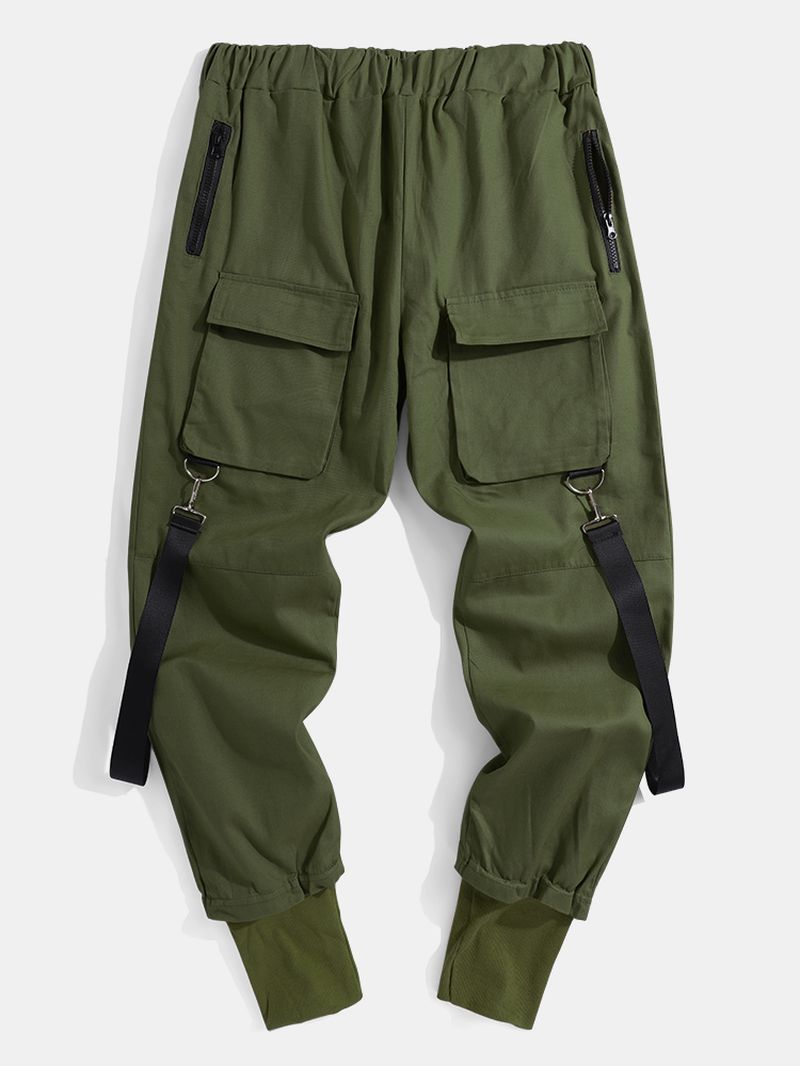 Heren Effen Multi Pocket Elastische Taille Cargo Beam Voeten Broek Met Lint