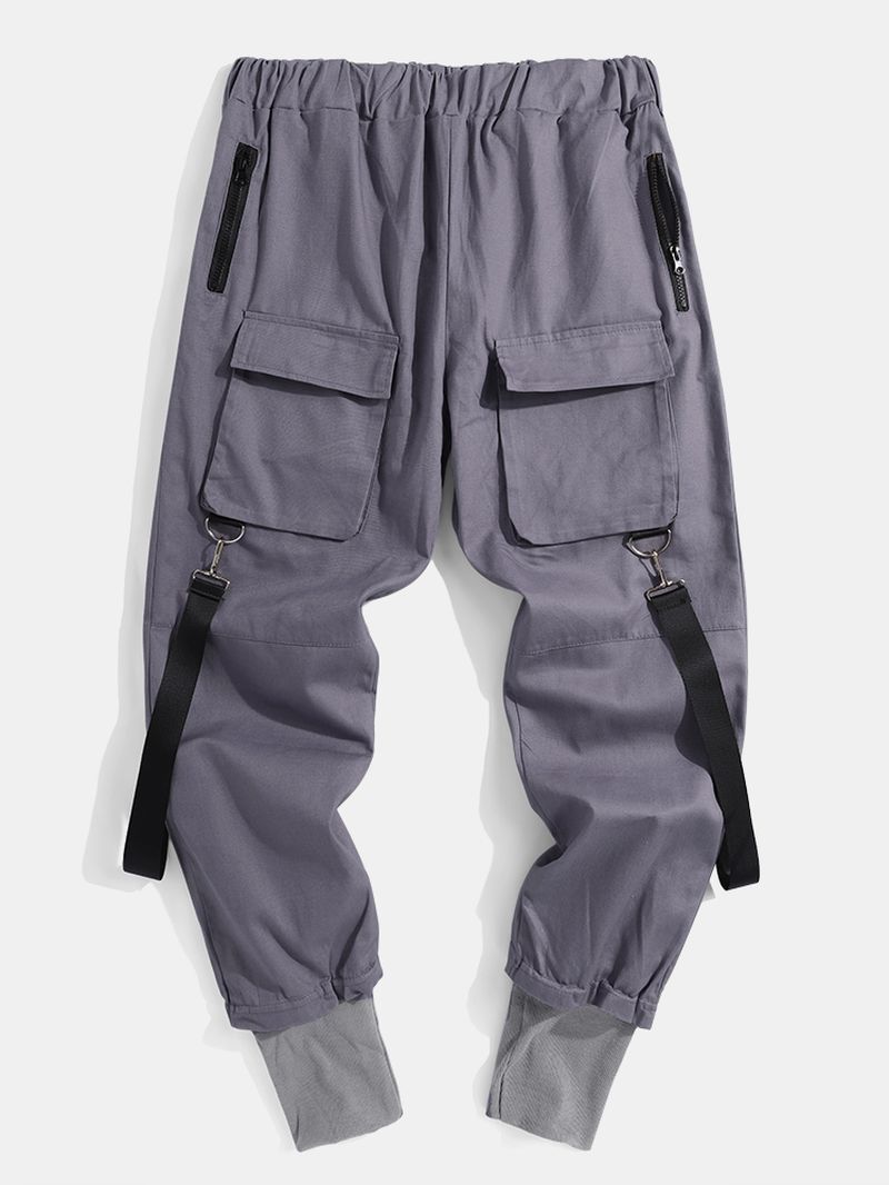 Heren Effen Multi Pocket Elastische Taille Cargo Beam Voeten Broek Met Lint