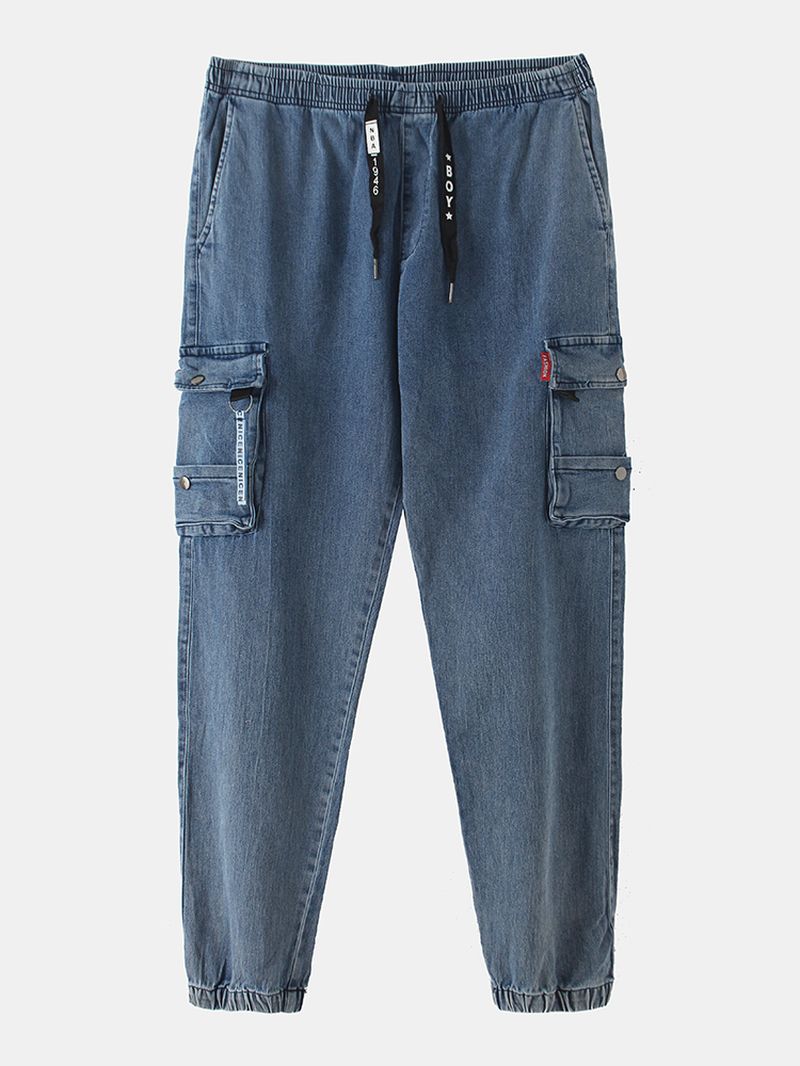 Heren Katoenen Cargo-stijl Trekkoord Elastische Enkel Denim Broek Met Meerdere Zakken