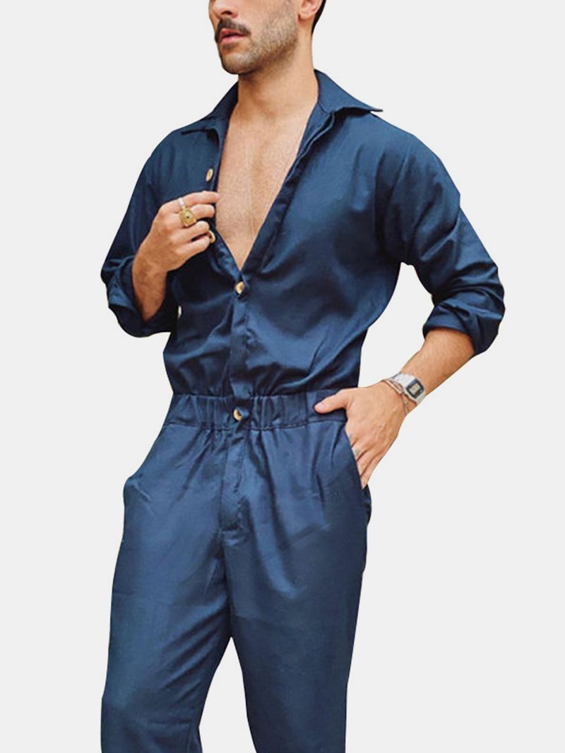 Heren Katoenen Effen Kleur Button-up Reverskraag Casual Jumpsuits