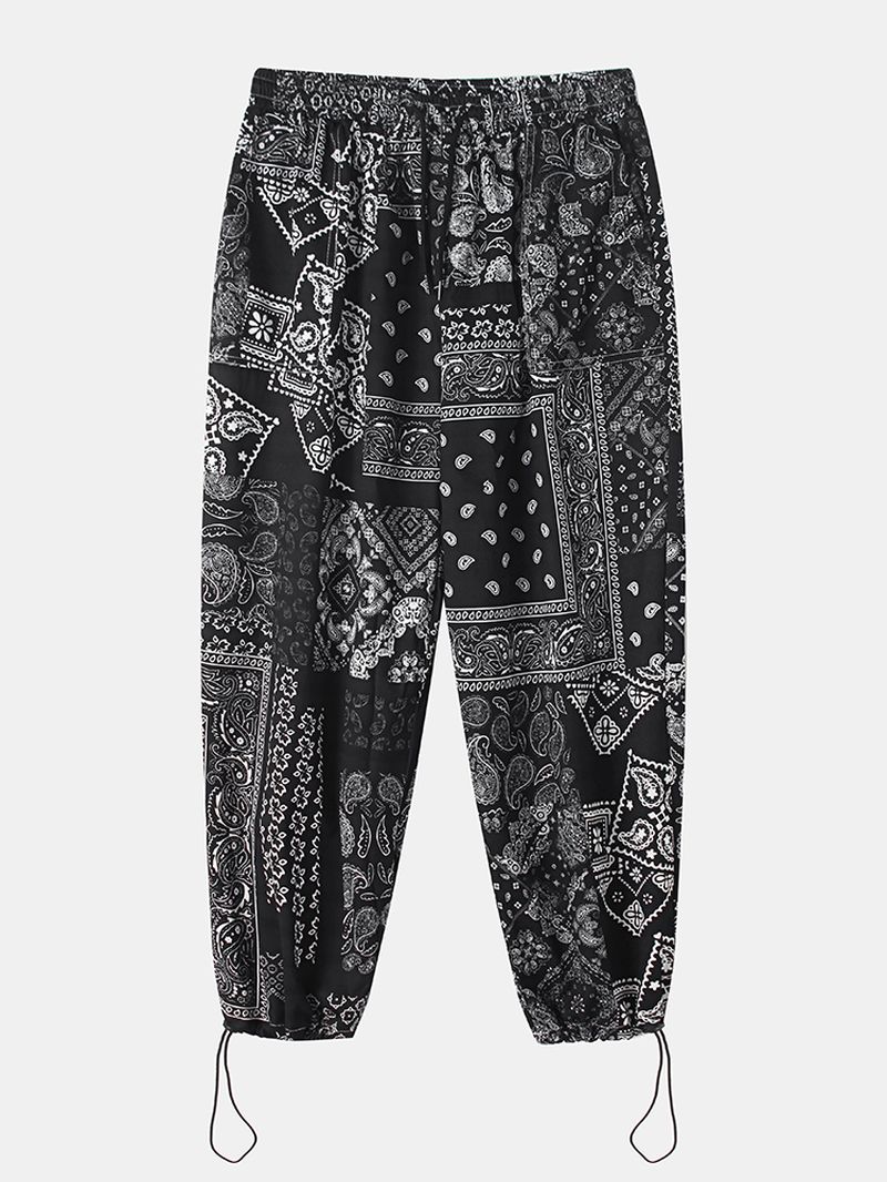 Heren Paisley Etnische Print Katoen Relaxed Fit Trekkoord Manchet Broek