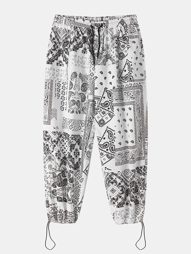 Heren Paisley Etnische Print Katoen Relaxed Fit Trekkoord Manchet Broek