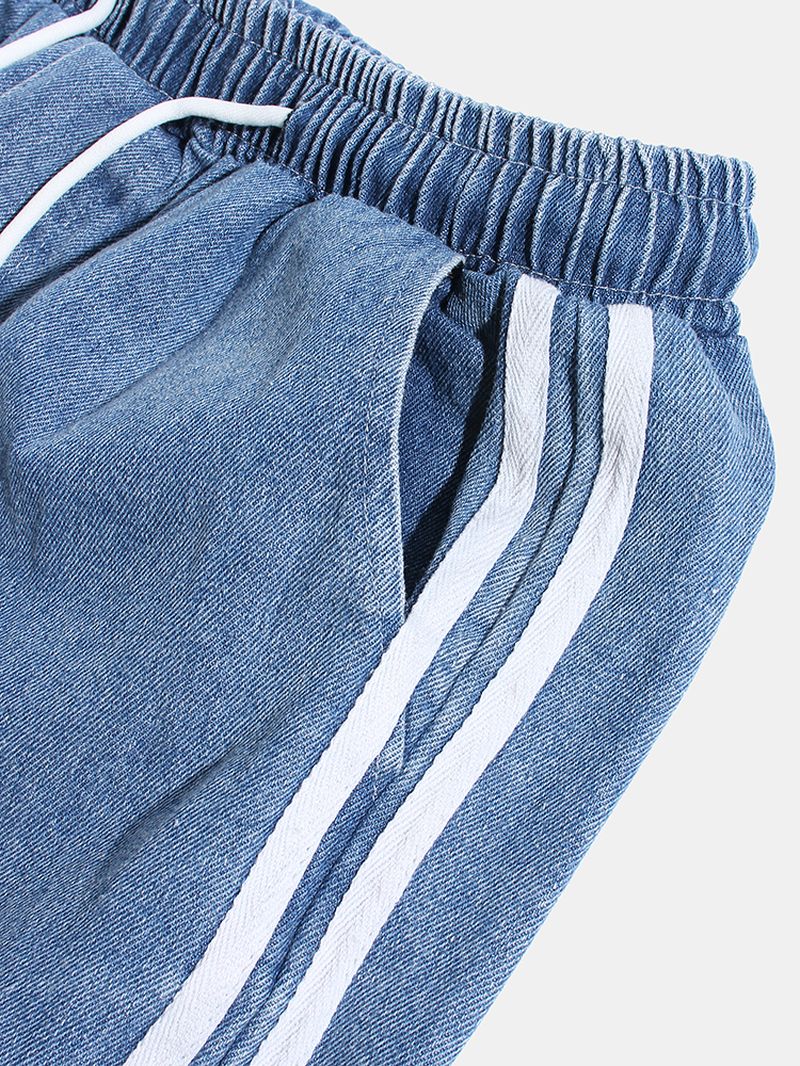 Heren Zijstreep Casual Trekkoord Elastische Enkel Gewassen Denim Broek Met Zak