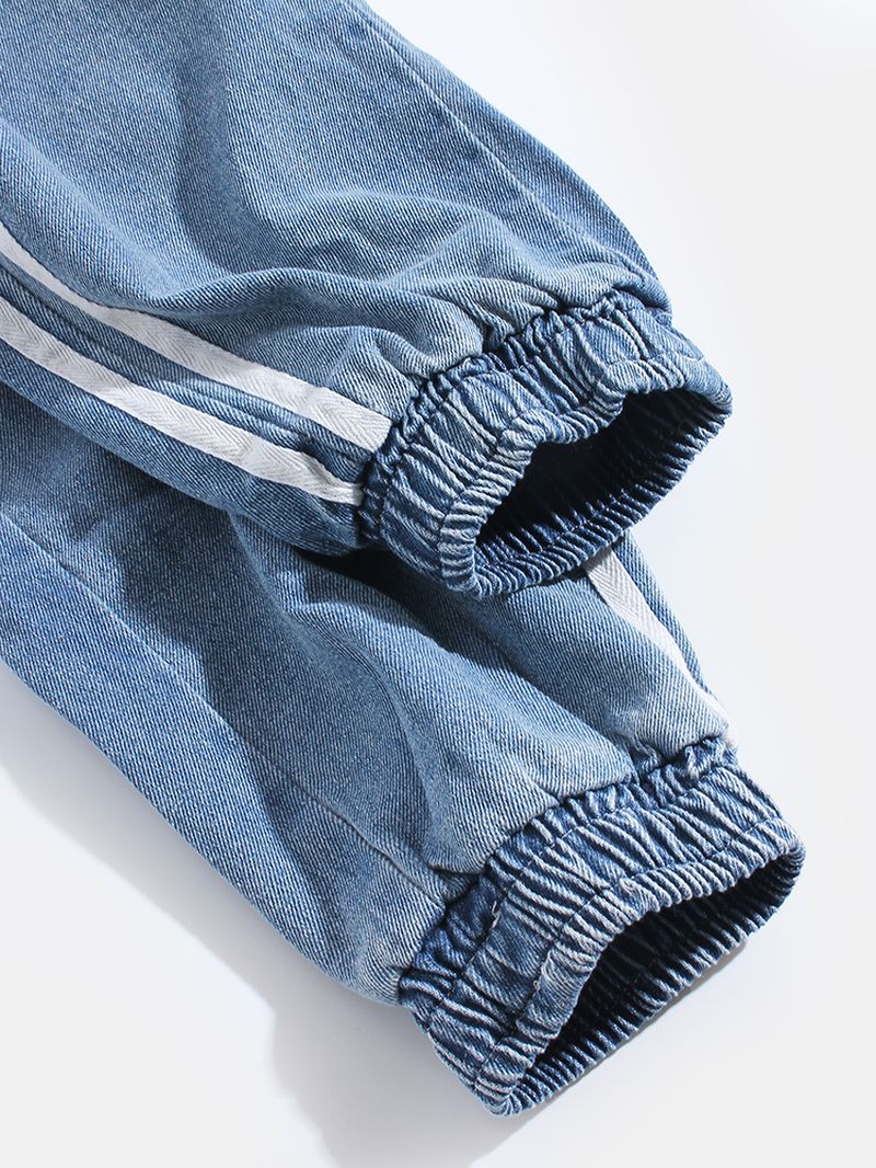 Heren Zijstreep Casual Trekkoord Elastische Enkel Gewassen Denim Broek Met Zak