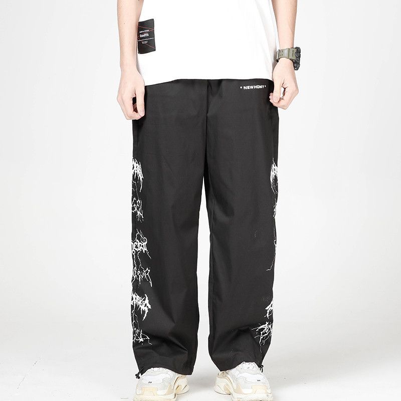 Japanse Street Print Rechte Broek Heren Trekkoord Elastische Taille Trekkoord Wijde Pijpen Broek