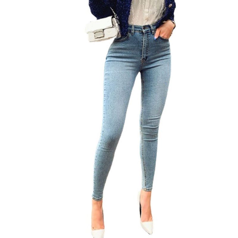 Jeans Met Hoge Taille Strakke Heupen Dunne Voeten Potloodlange Broek