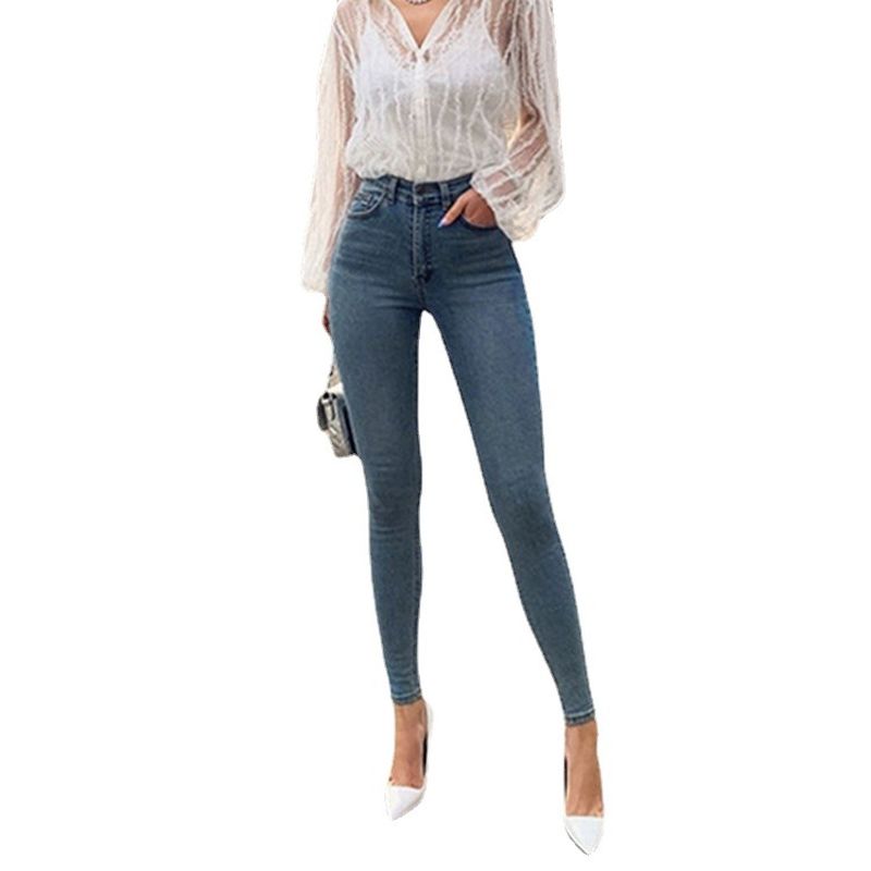 Jeans Met Hoge Taille Strakke Heupen Dunne Voeten Potloodlange Broek