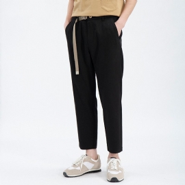 Lente En Zomer Zijden Cropped Broek Heren Riem Pure Kleur Elastische Taille Slanke Rechte Casual Broek