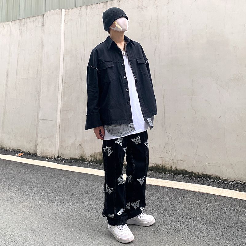 Persoonlijkheid Vlinder Reflecterende Druk Stiksels Kwastje Harajuku Hip-hop Straat Rechte Jeans Dark Tide