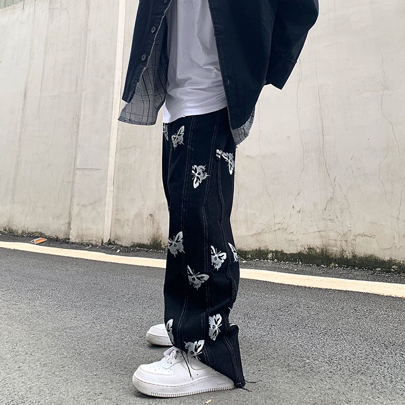 Persoonlijkheid Vlinder Reflecterende Druk Stiksels Kwastje Harajuku Hip-hop Straat Rechte Jeans Dark Tide