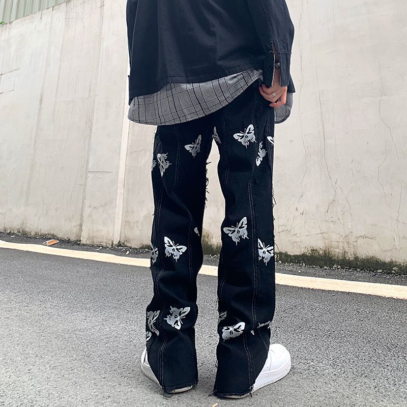 Persoonlijkheid Vlinder Reflecterende Druk Stiksels Kwastje Harajuku Hip-hop Straat Rechte Jeans Dark Tide