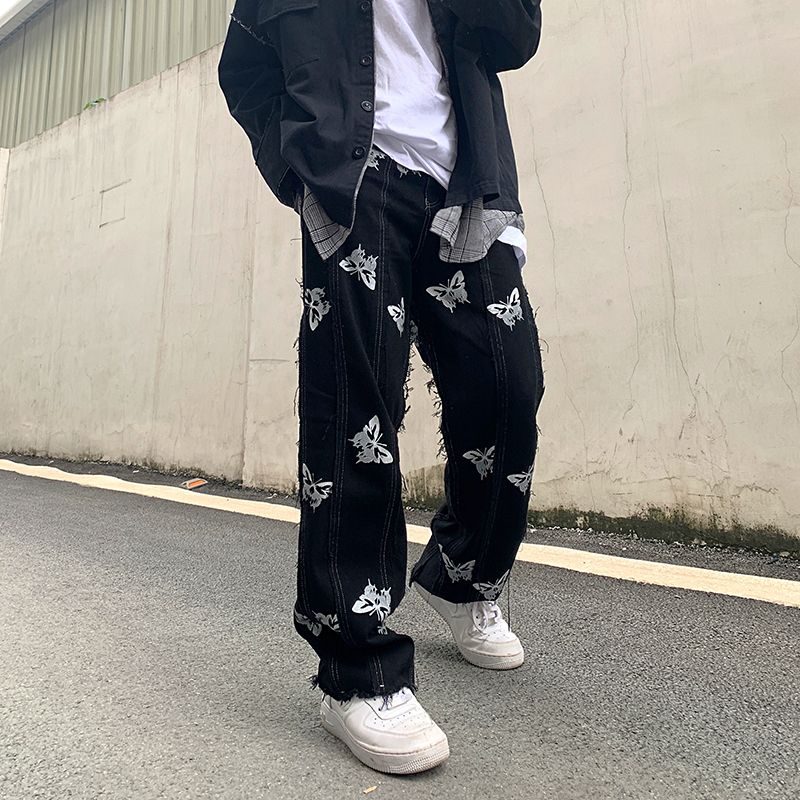 Persoonlijkheid Vlinder Reflecterende Druk Stiksels Kwastje Harajuku Hip-hop Straat Rechte Jeans Dark Tide