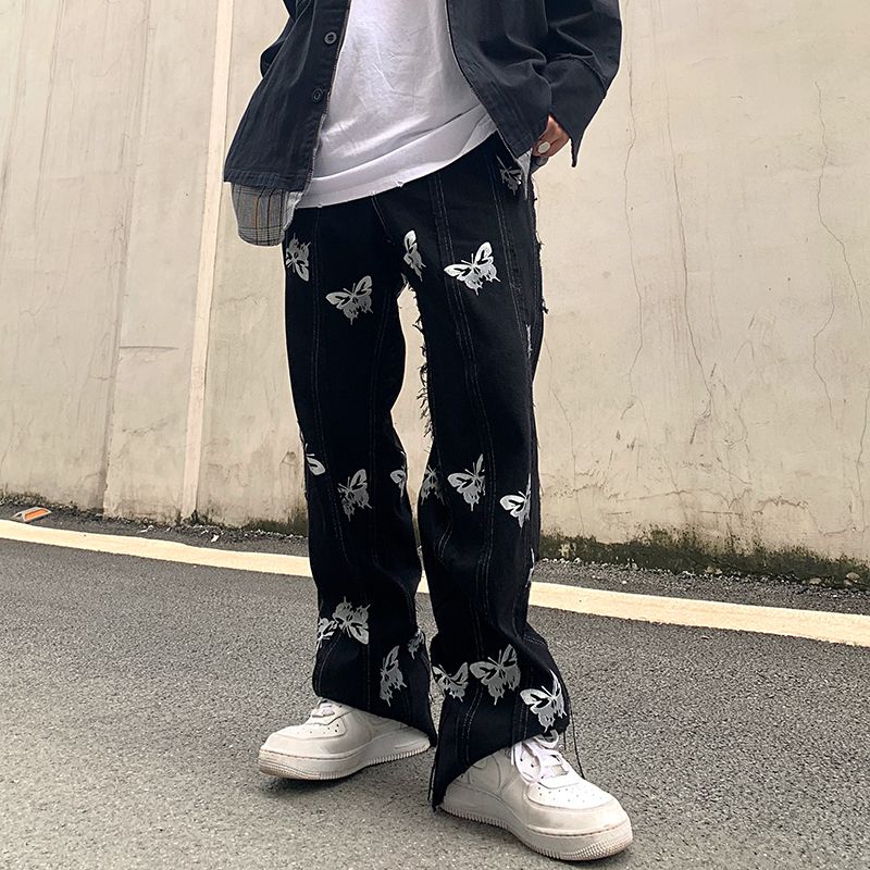 Persoonlijkheid Vlinder Reflecterende Druk Stiksels Kwastje Harajuku Hip-hop Straat Rechte Jeans Dark Tide