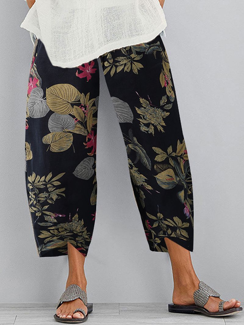 Retro Bloemenprint Elastische Taille Onregelmatige Zoom Zak Casual Broek Voor Dames