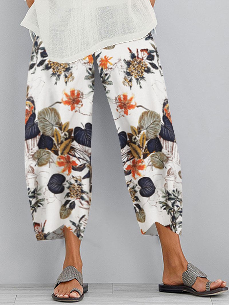 Retro Bloemenprint Elastische Taille Onregelmatige Zoom Zak Casual Broek Voor Dames