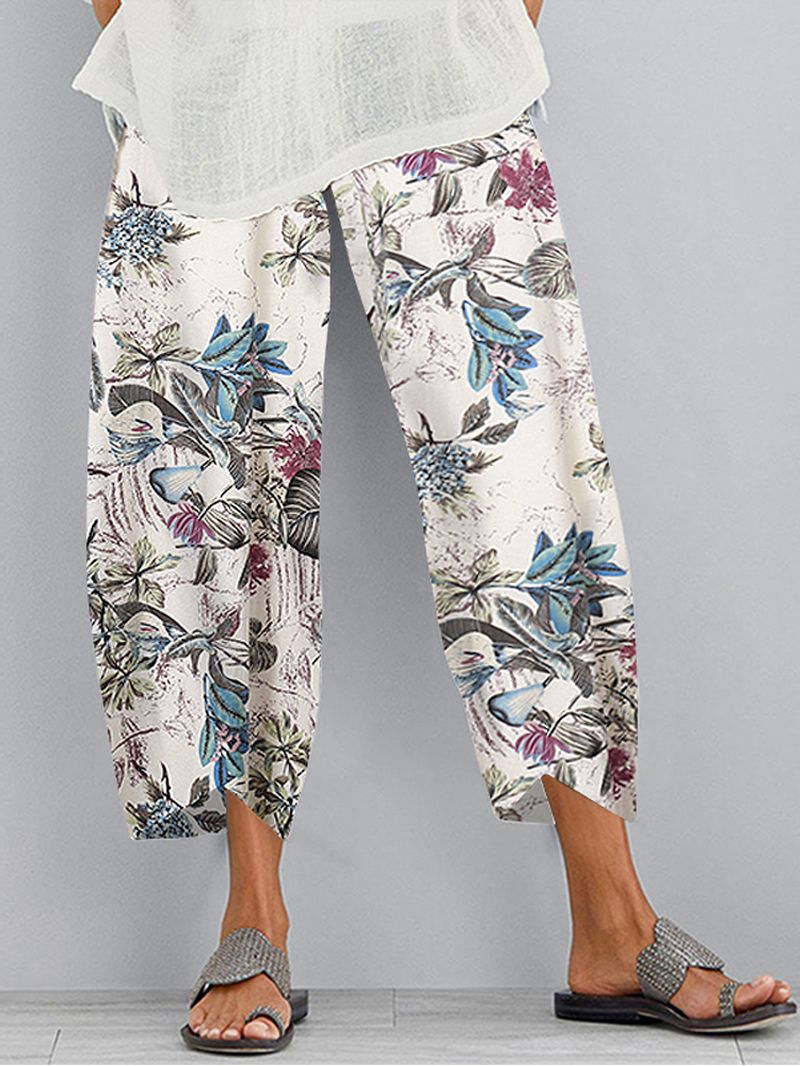 Retro Bloemenprint Elastische Taille Onregelmatige Zoom Zak Casual Broek Voor Dames