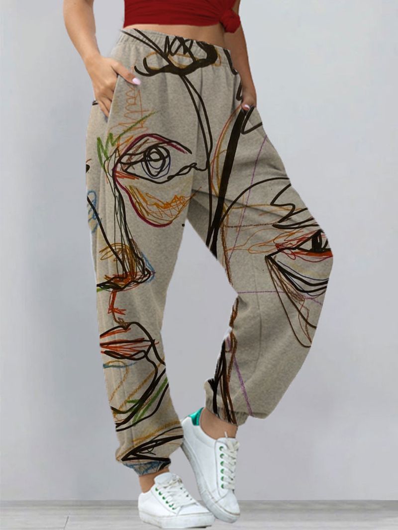 Vintage Abstracte Portret Graffiti Art Print Elastische Taille Joggingbroek