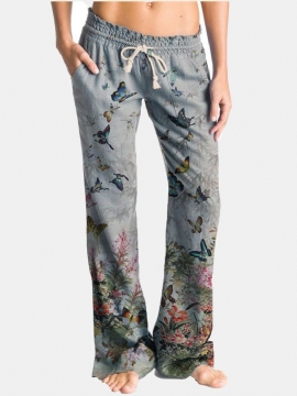 Vlinder Bloemenprint Trekkoord Elastische Taille Casual Broek Voor Dames