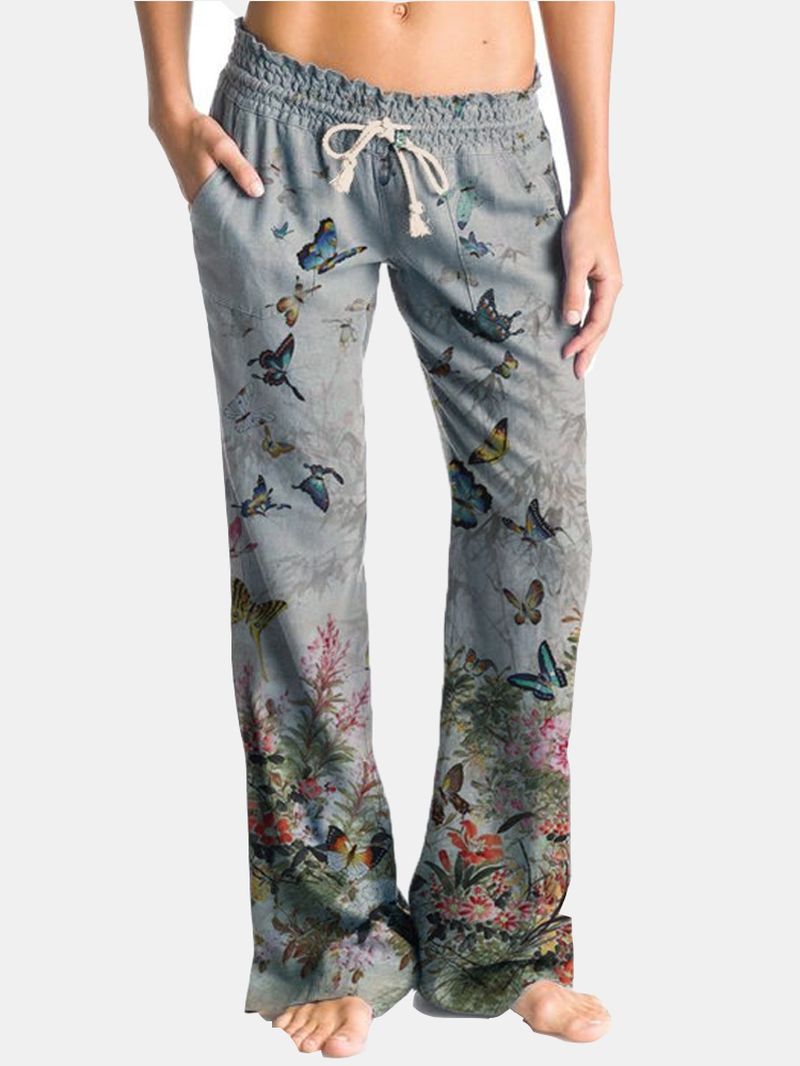 Vlinder Bloemenprint Trekkoord Elastische Taille Casual Broek Voor Dames