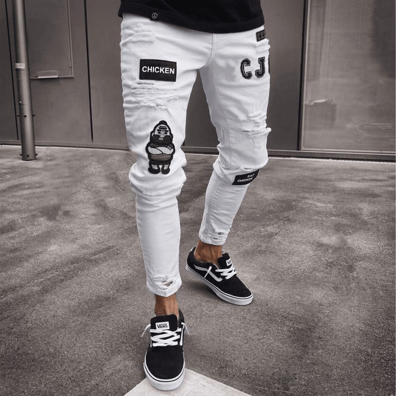 Witte High-end Denim Heren Broek Grensoverschrijdende Buitenlandse Handel Gat Trend Zwarte Slanke Jeans Mannen