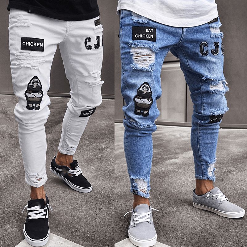 Witte High-end Denim Heren Broek Grensoverschrijdende Buitenlandse Handel Gat Trend Zwarte Slanke Jeans Mannen