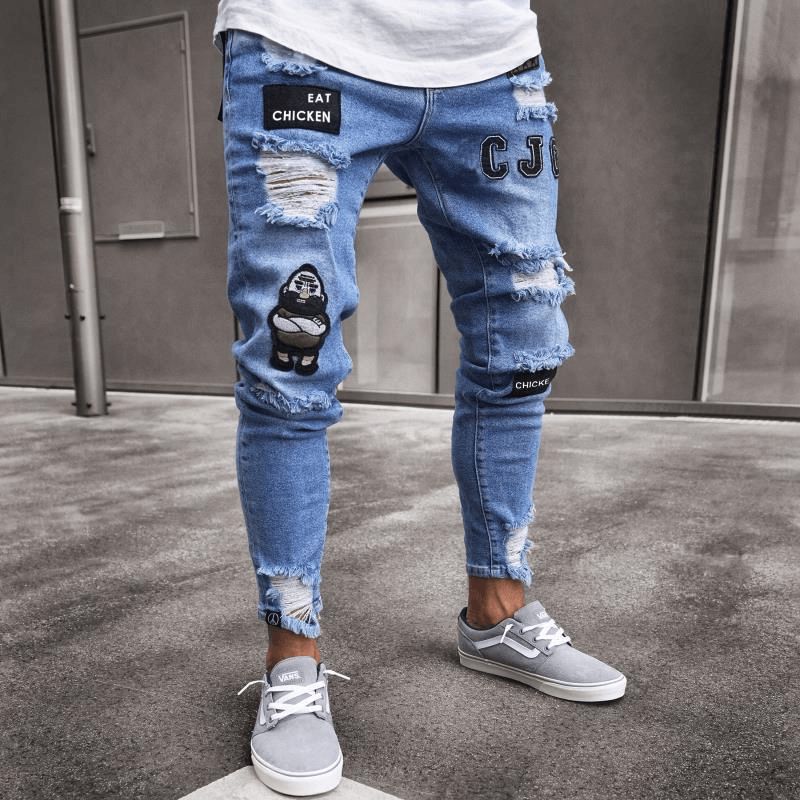 Witte High-end Denim Heren Broek Grensoverschrijdende Buitenlandse Handel Gat Trend Zwarte Slanke Jeans Mannen