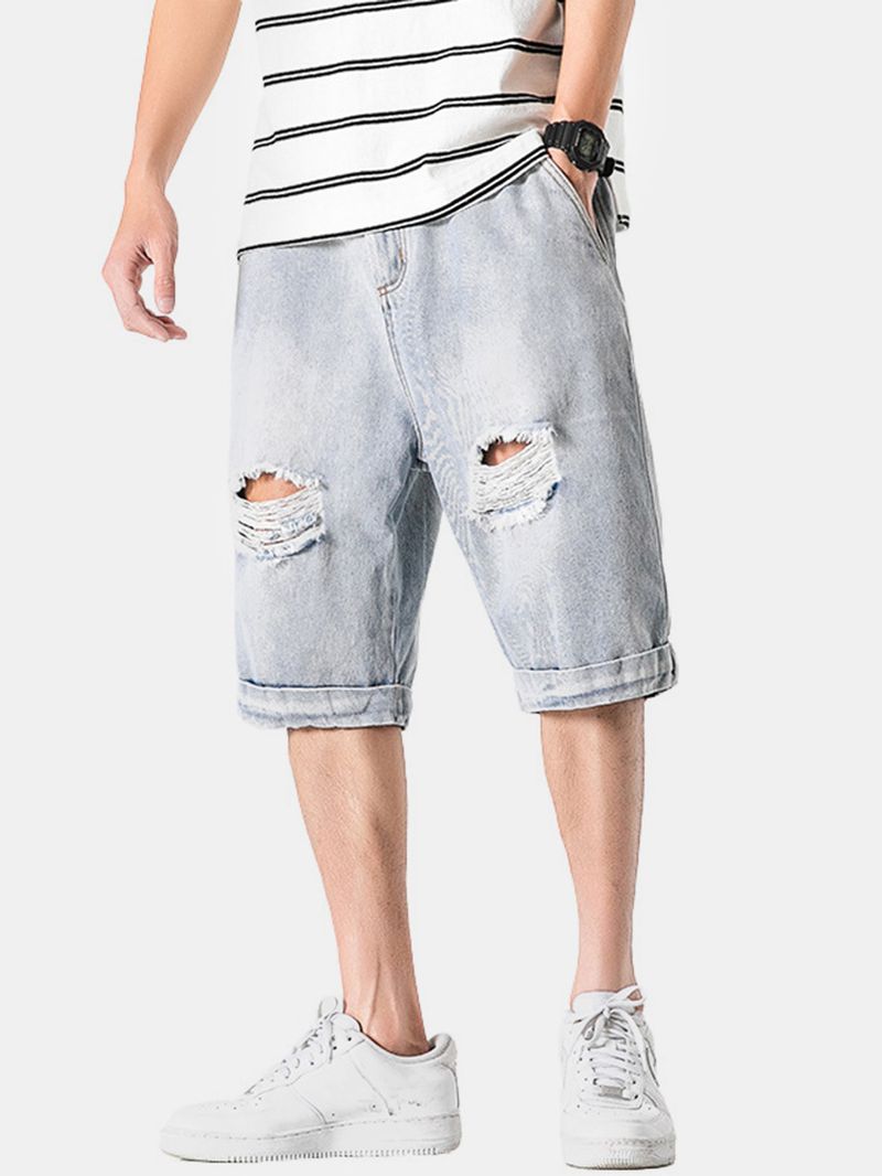 Casual Denim Shorts Met Gaten Voor Heren