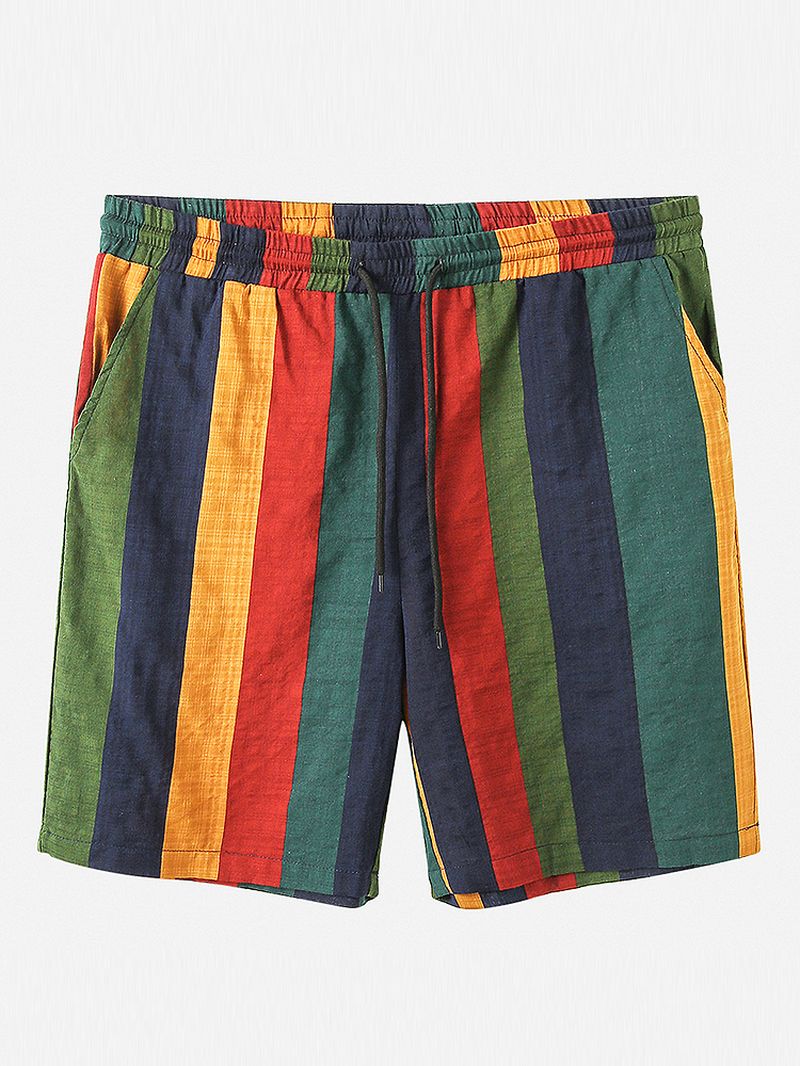 Heren Katoenen Ademende Kleurrijke Gestreepte Casual Shorts Met Trekkoord