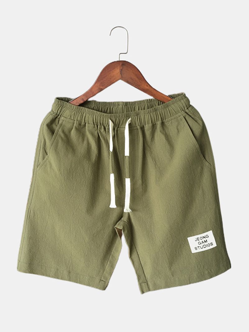 Heren Katoenen Effen Kleur Kleine Tag Trekkoord Casual Shorts Met Zak